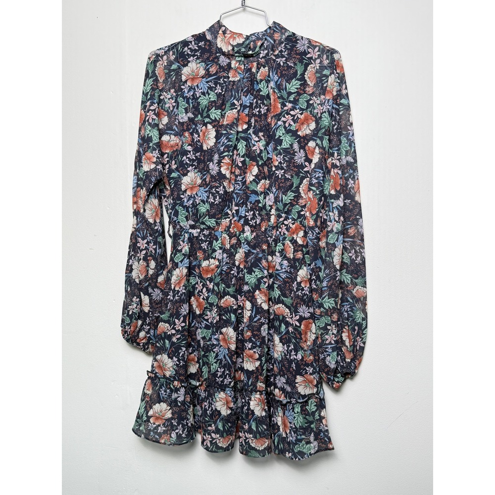 VICI Navy Blue Floral Mock Neck Ruffle Mini Dress Long Sleeve Small DDSW3732‎
